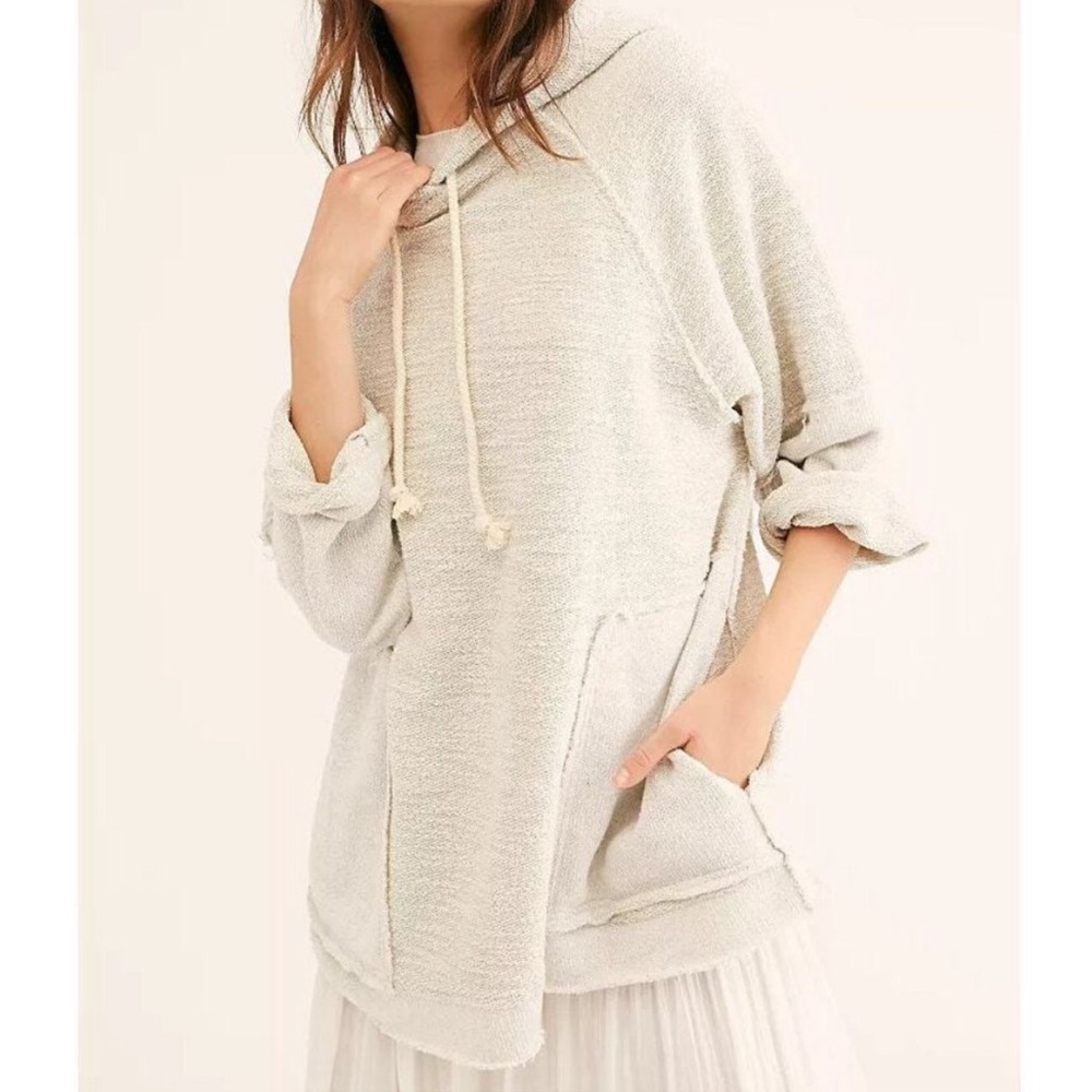 FREE PEOPLE Gray/Cream Pullover Drop Shoulder Hooded Sweater Tunic